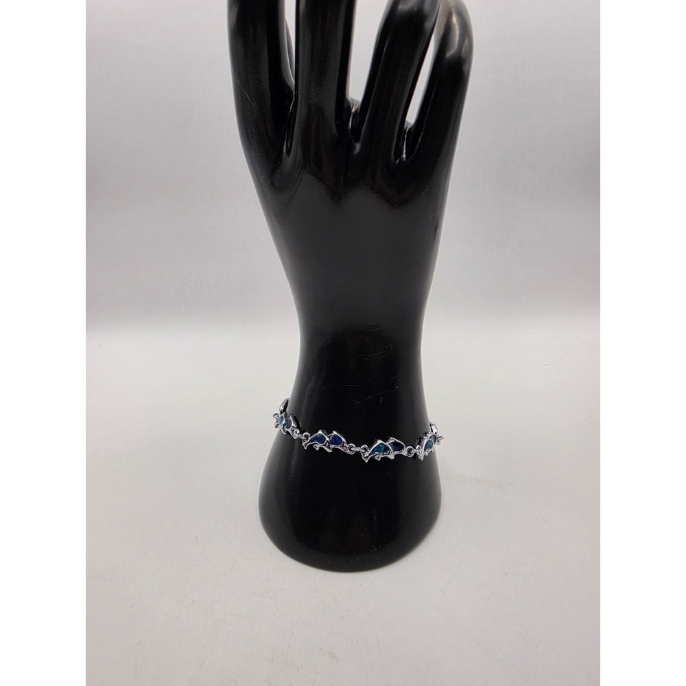 Vintage Silver Tone Blue Teal Enamel Jumping Dolphin Link Bracelet 7.25 Inch